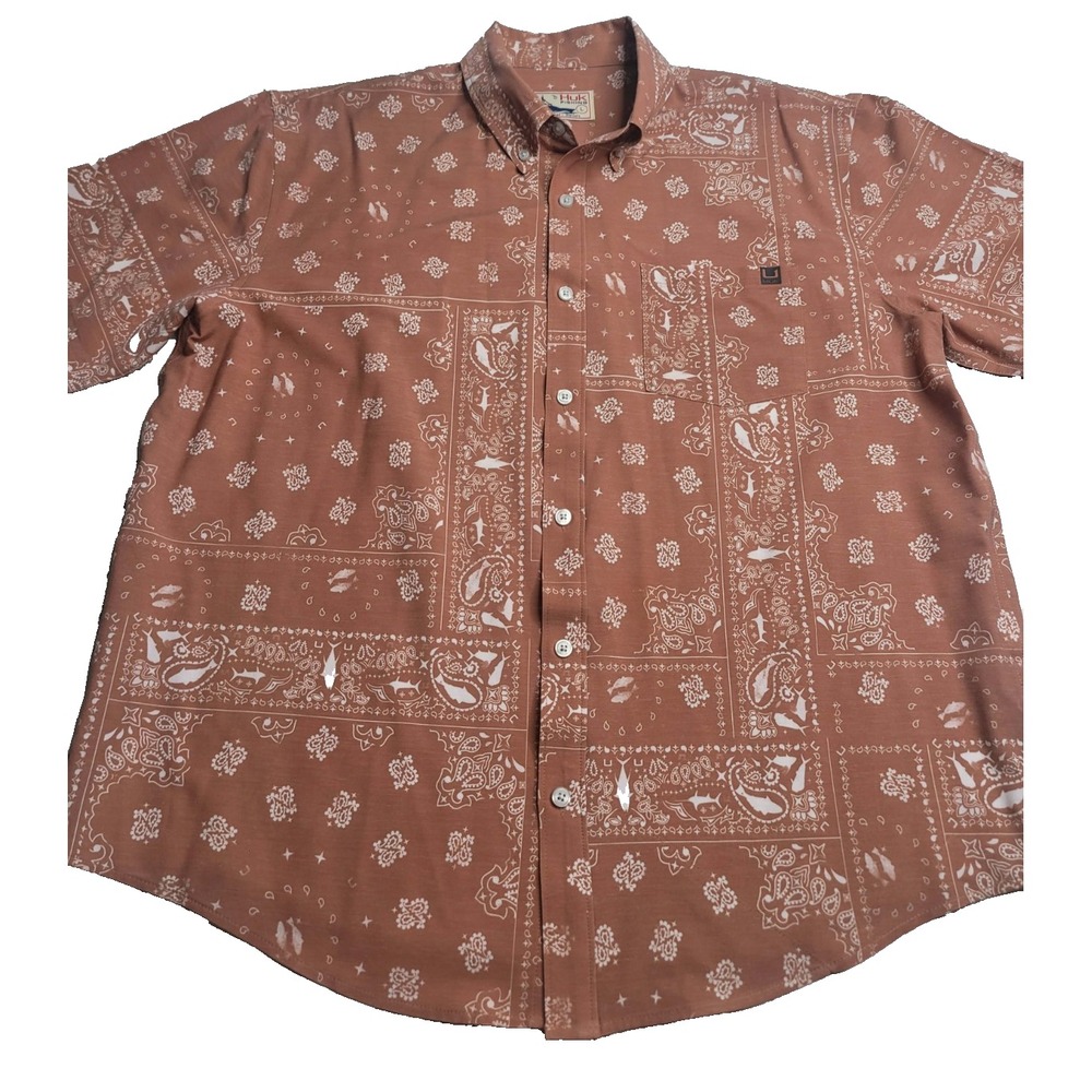 HUK Hukdana Short Sleeve Button Down Shirt Burnt‎ Orange Men's Large